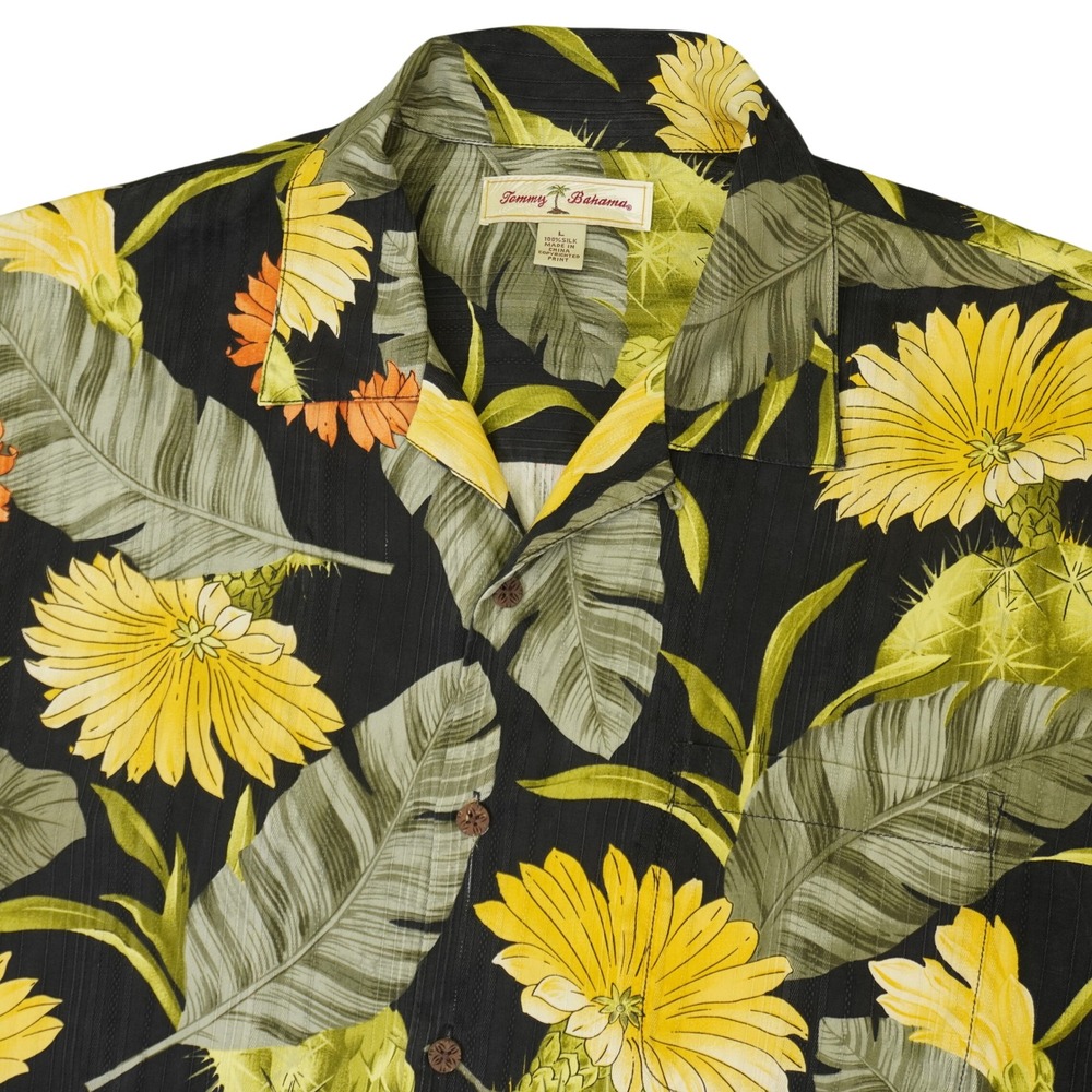 Tommy Bahama Hawaiian Shirt Mens Large Black Silk Floral Tropical Vacation